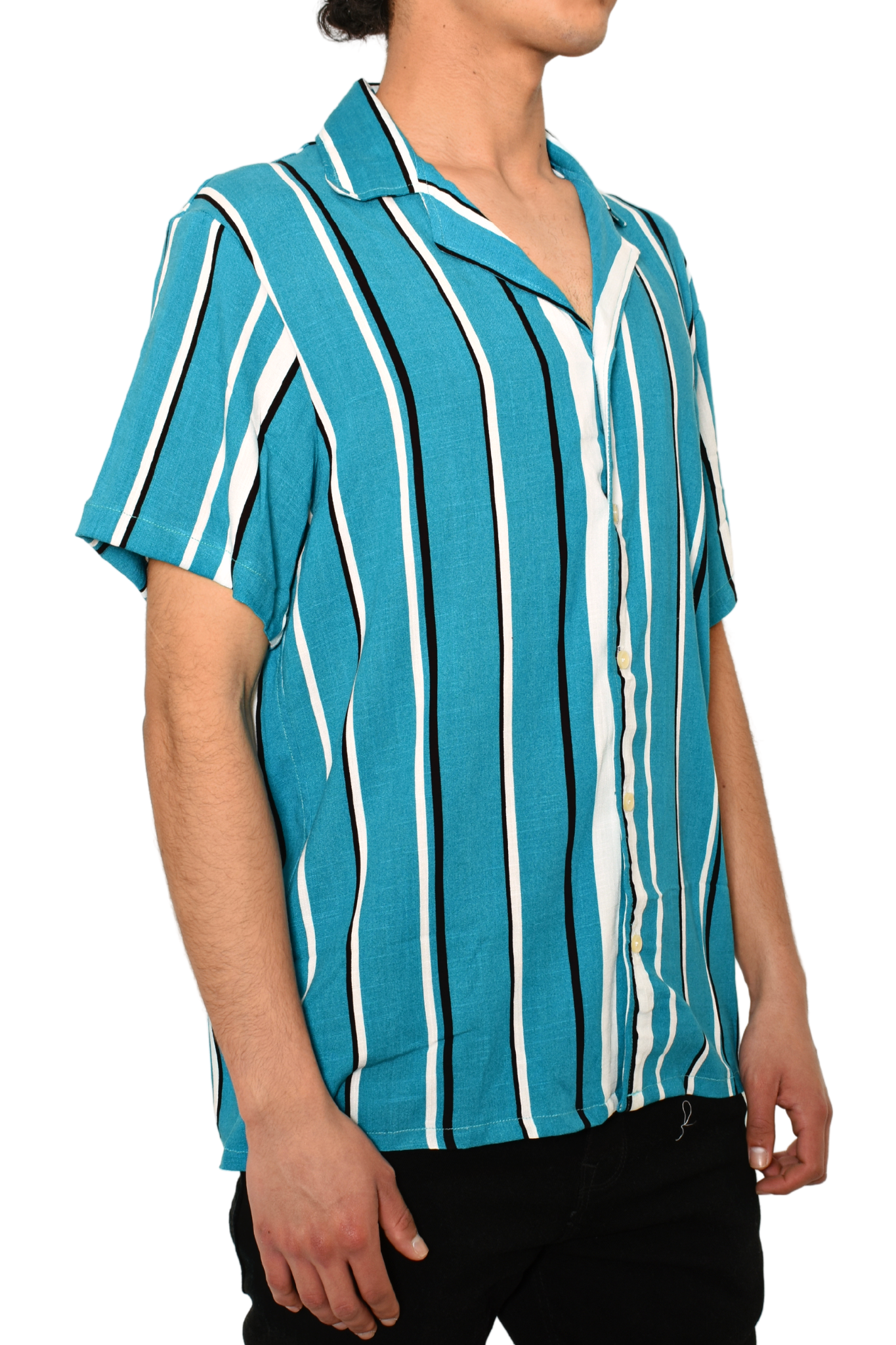Camisa Cuello Cubano Tricolor Azul/Blanco/Negro