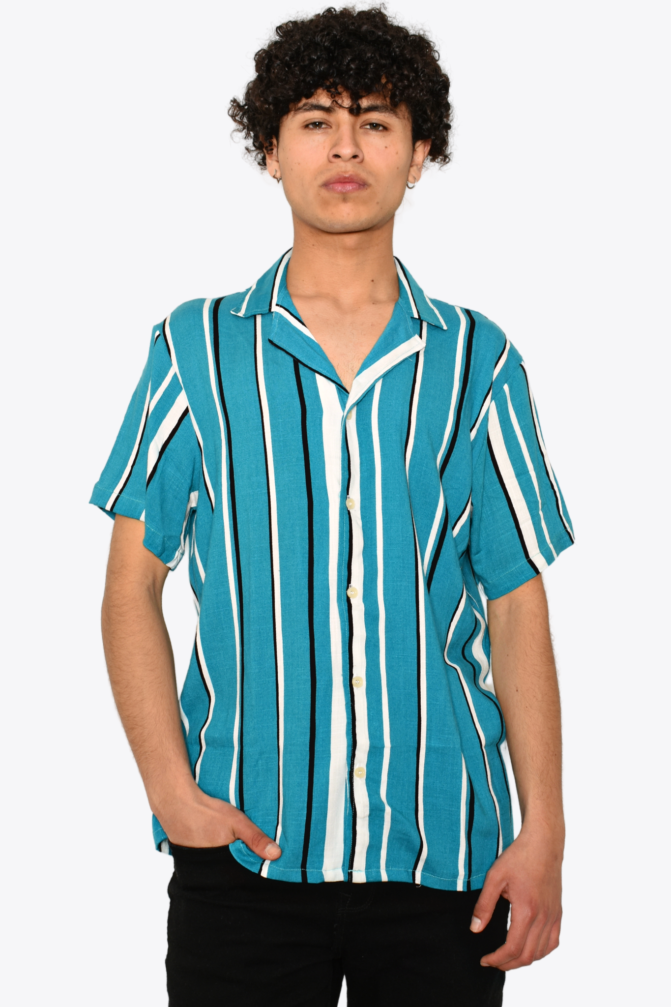 Camisa Cuello Cubano Tricolor Azul/Blanco/Negro