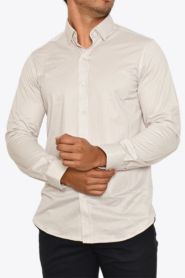 Camisa de vestir Beige rayas blancas M.L