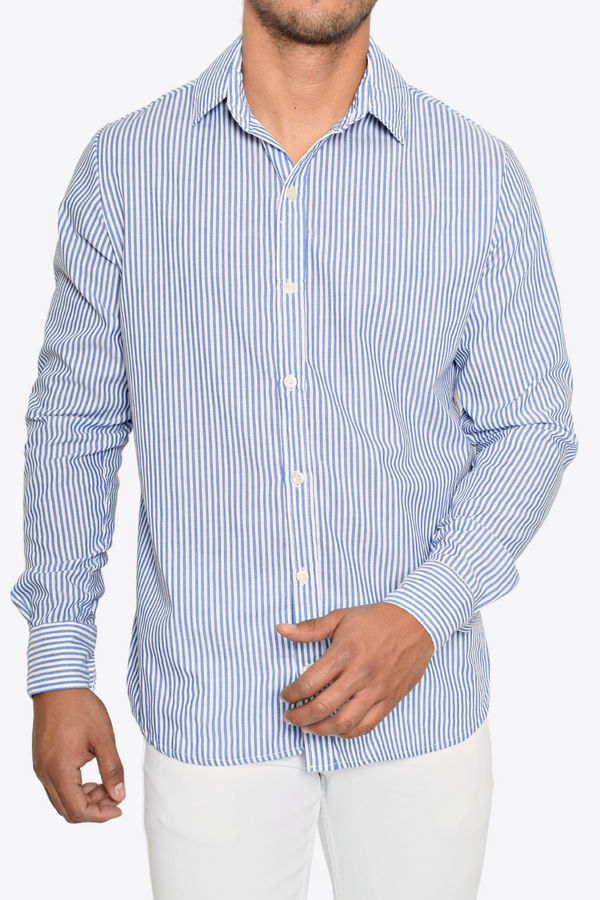 Camisa Tipo Lino Blanca Rayas Azules M.L