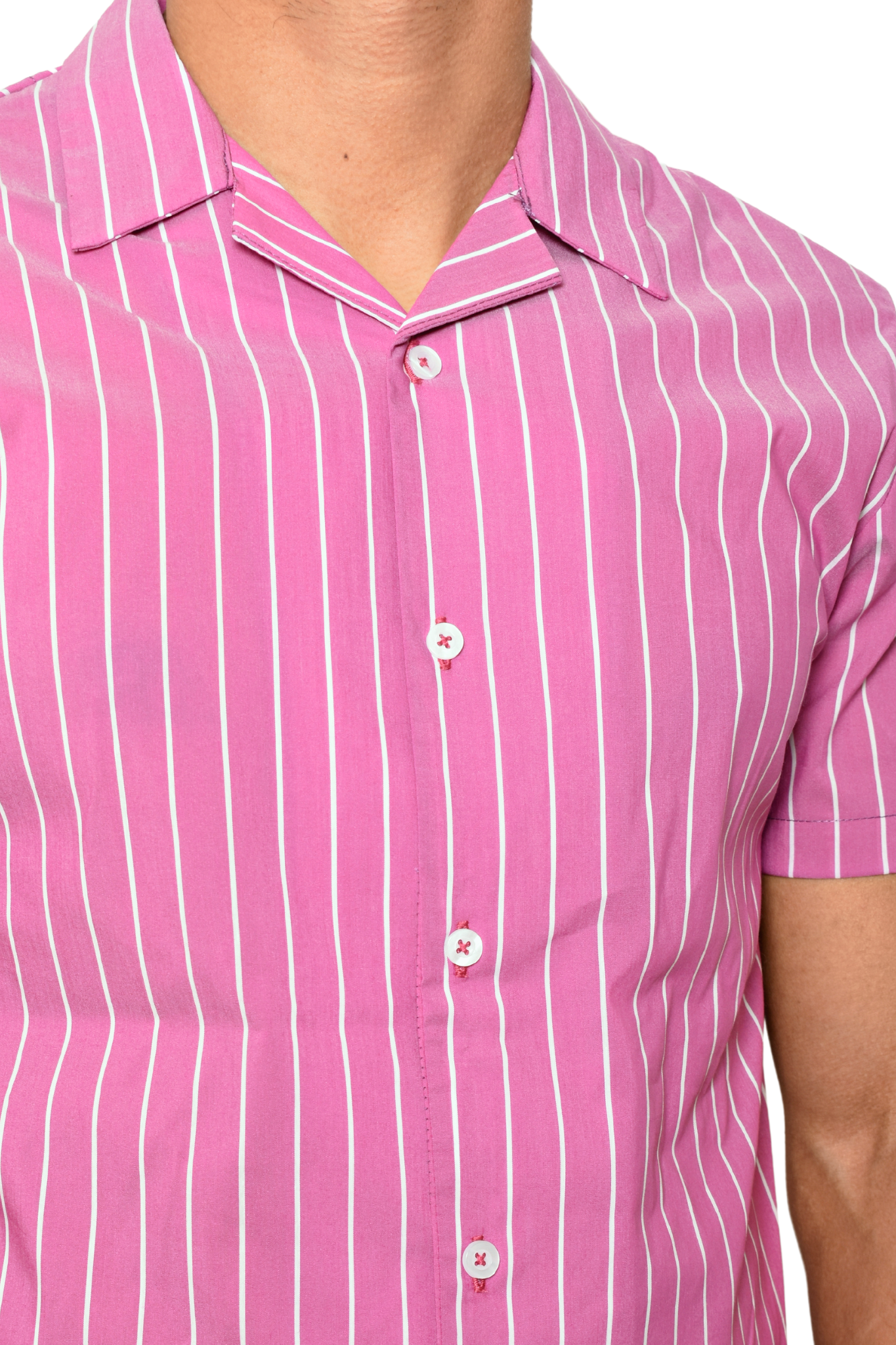 Camisa Sport Rosa Líneas Blancas M.C.