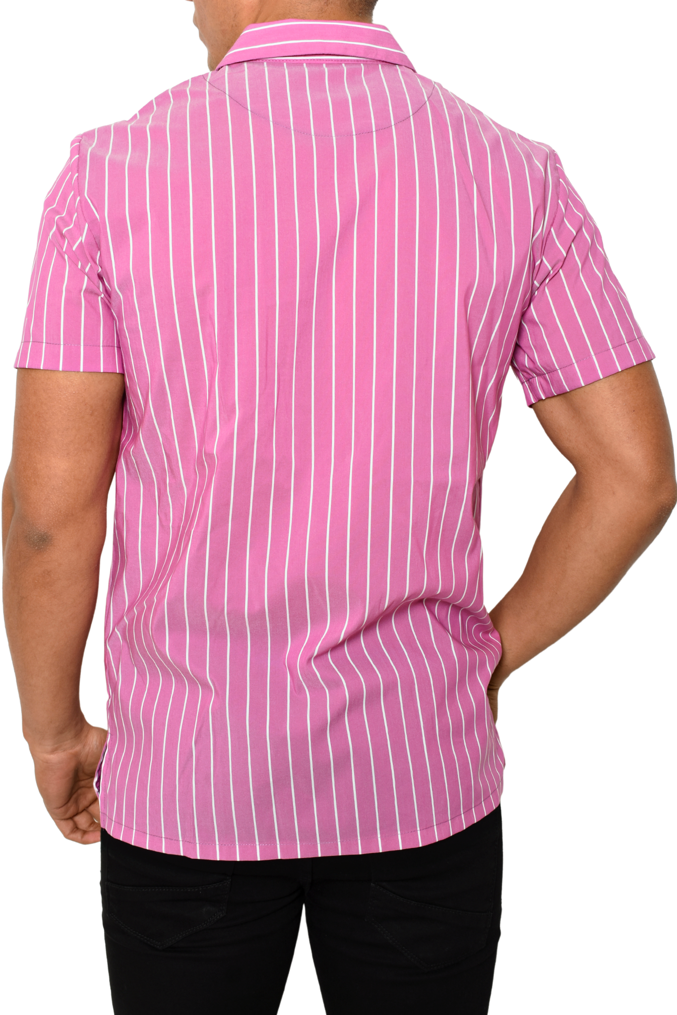 Camisa Sport Rosa Líneas Blancas M.C.