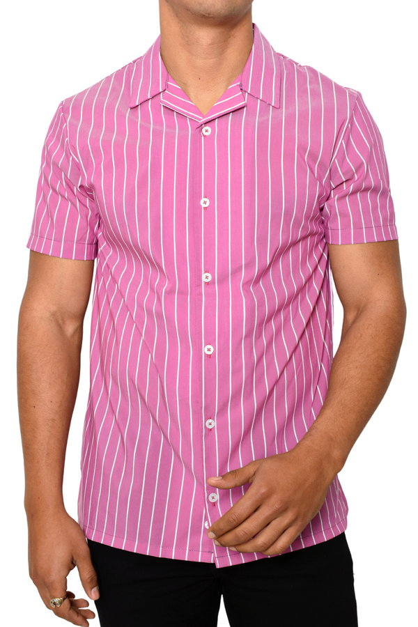 Camisa Sport Rosa Líneas Blancas M.C.