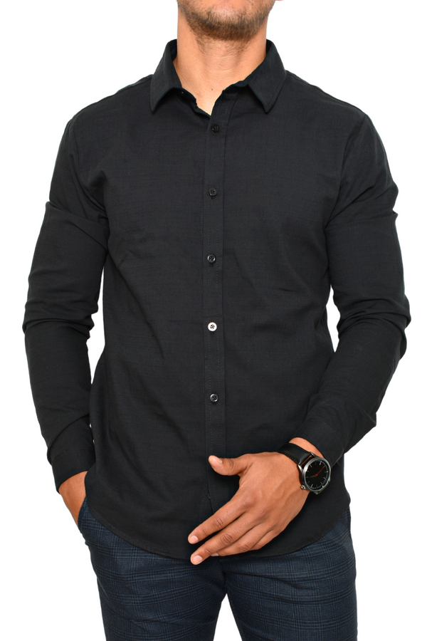 Camisa Negra Sport Tipo Lino Manga Larga