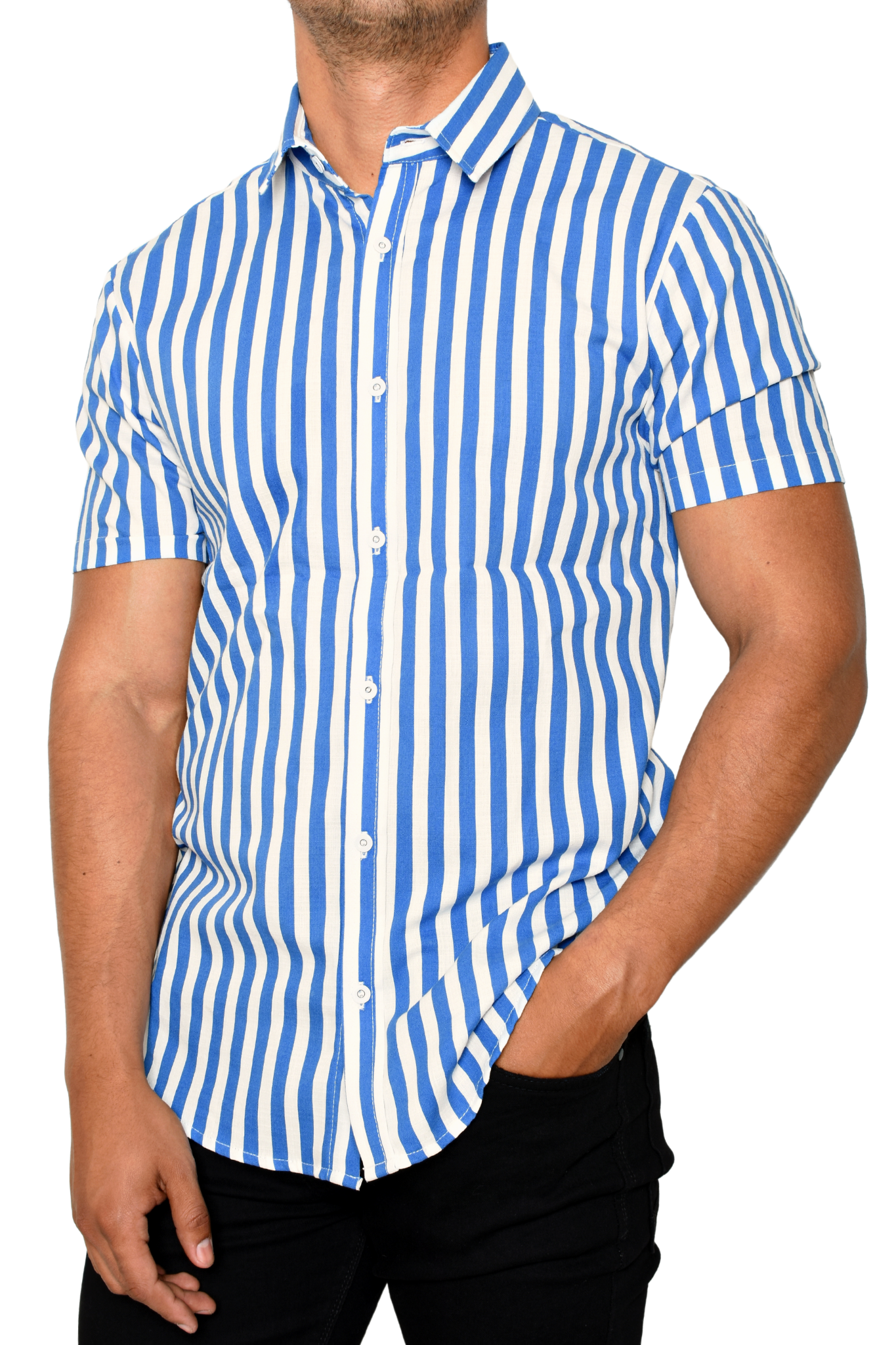 Camisa Rayas Blancas / Azul Cielo Manga Corta Tipo Lino