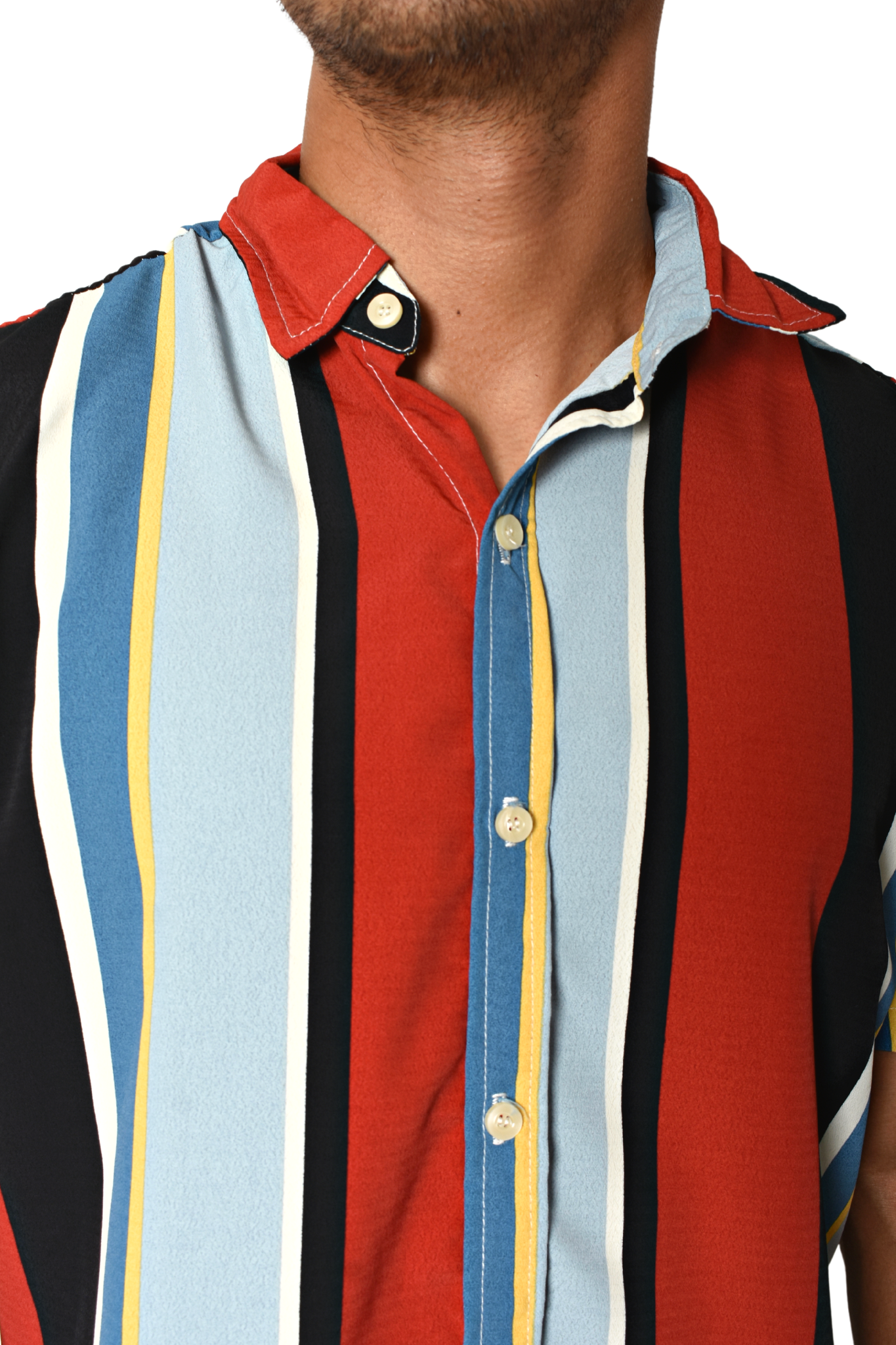 Camisa Manga Corta Roja Líneas de Colores Textura