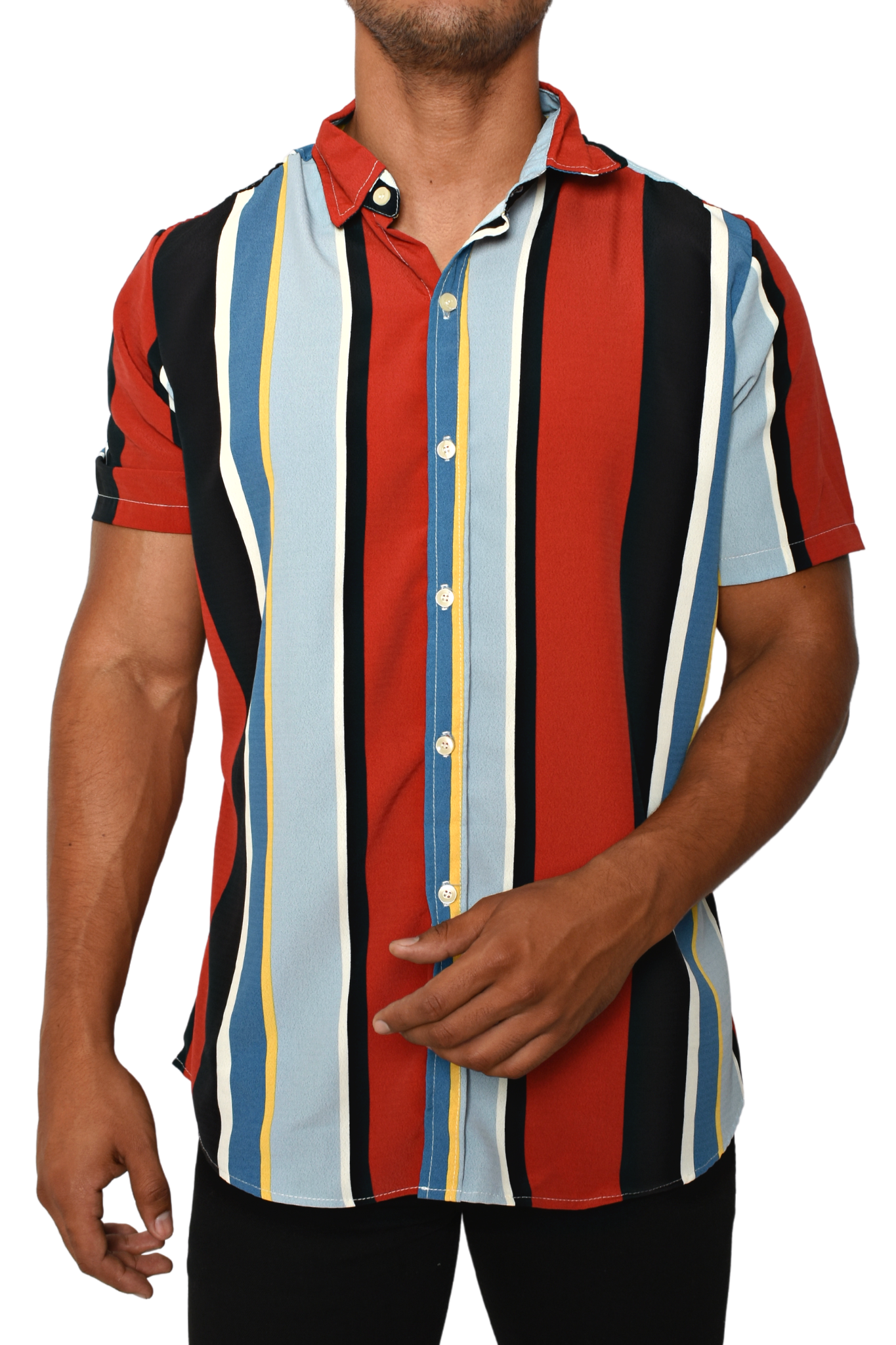 Camisa Manga Corta Roja Líneas de Colores Textura