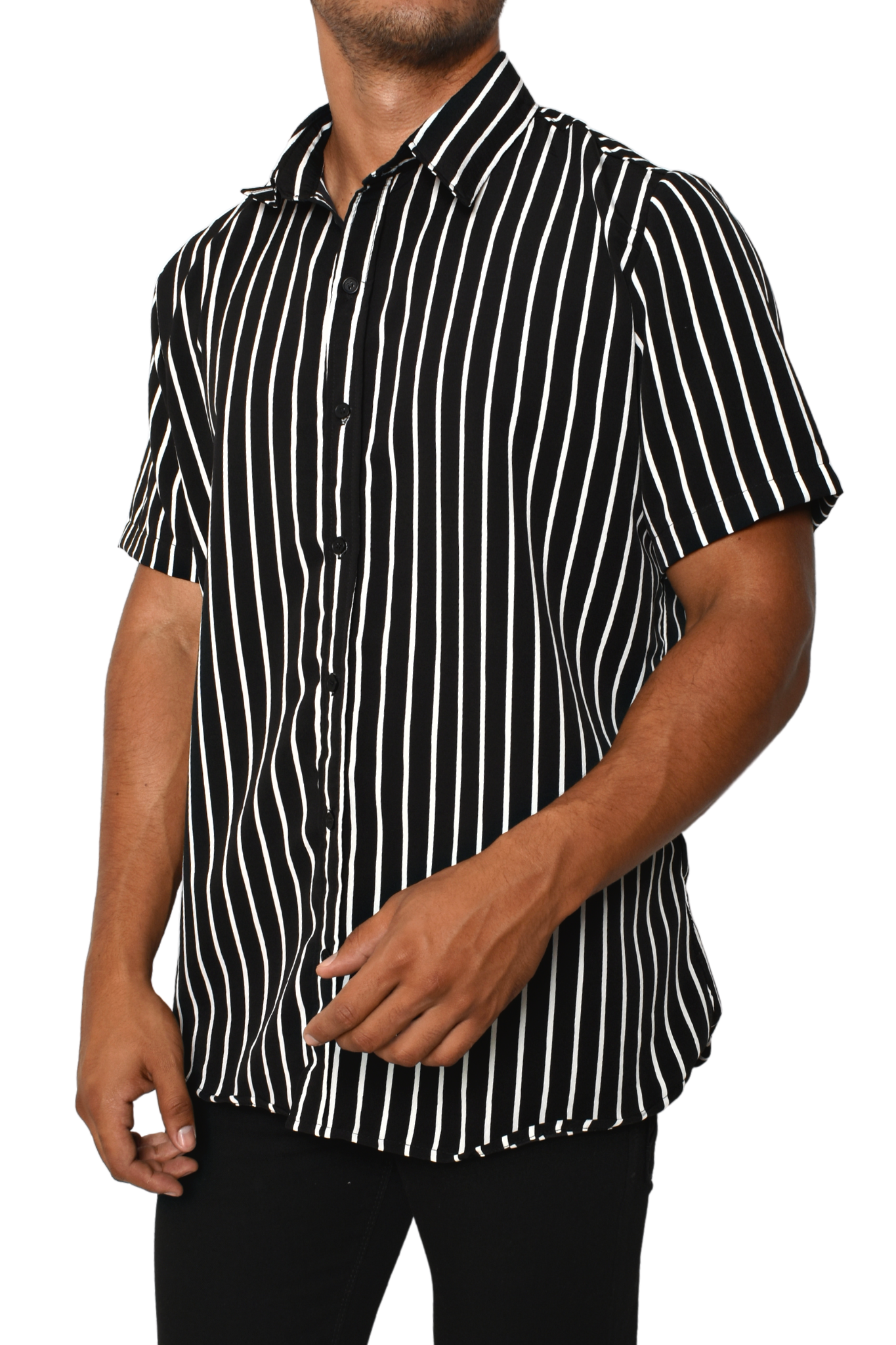 Camisa Manga Corta Negra Líneas Blancas Textura