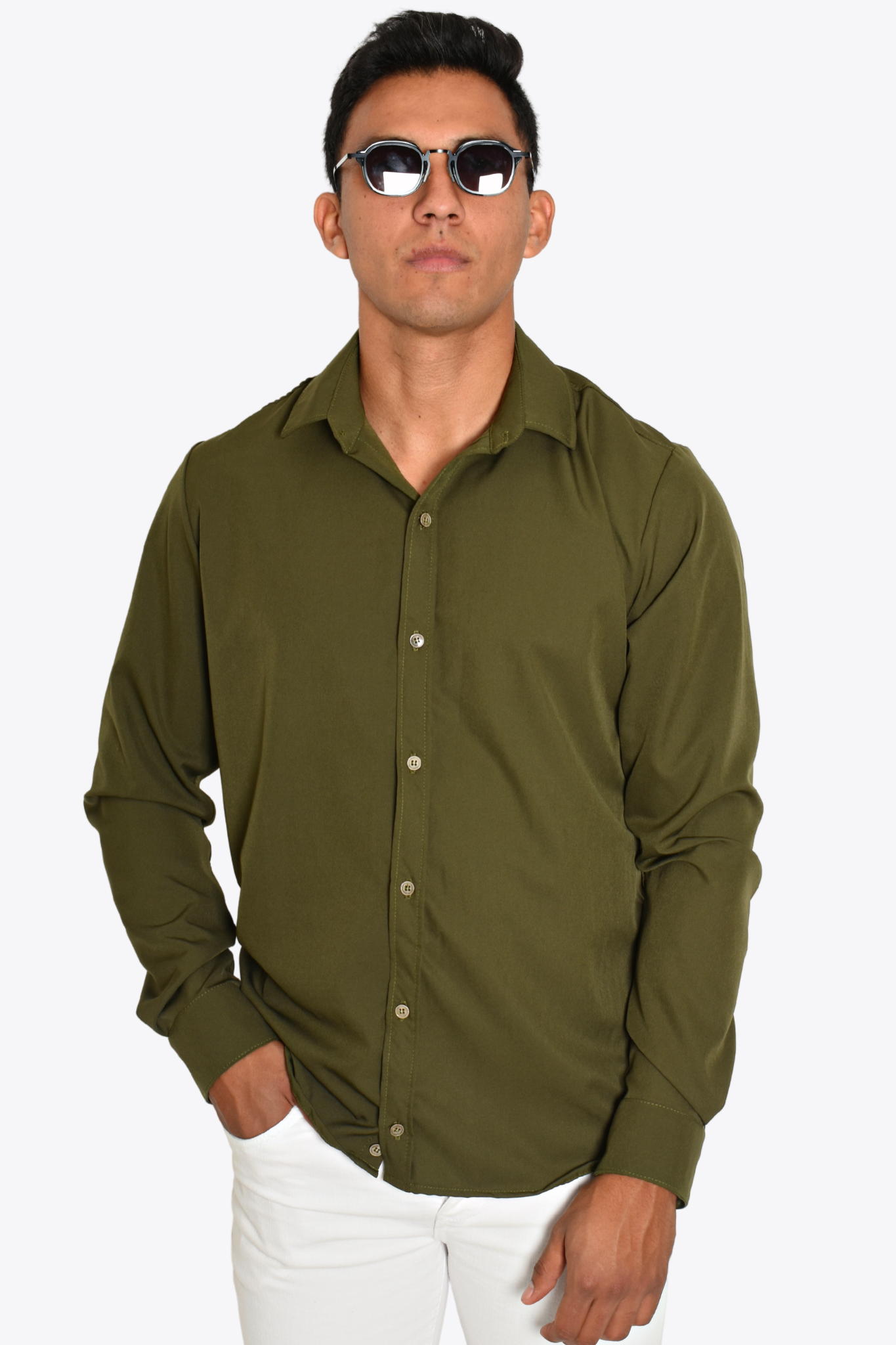 Camisa Anti Arrugas Manga Larga Verde Olivo