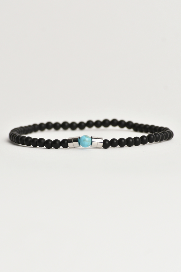 Pulsera Delgada Negra Detalles Plateados Piedra Azul