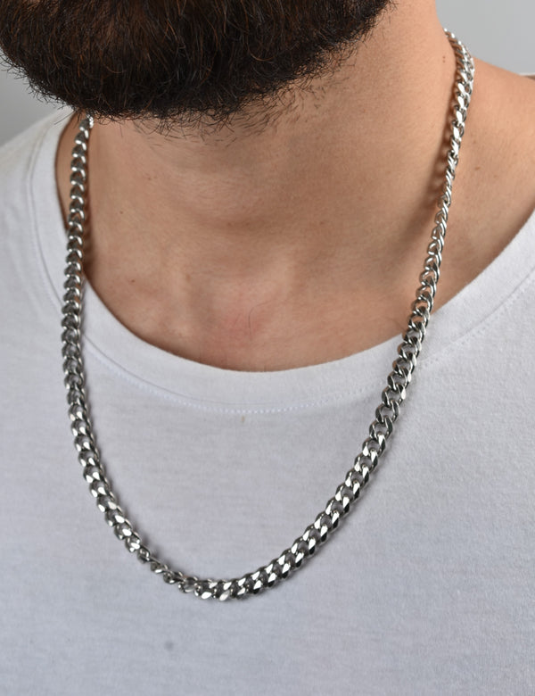 Collar Acero Cubana Plateada 6mm-60cm